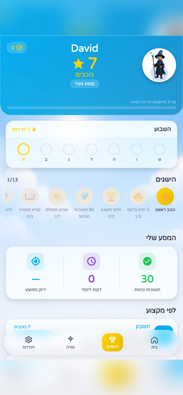 מסך ההישגים: 7 כוכבים, רצף שבועי, 13 הישגים וסיכום המסע לפי מקצוע